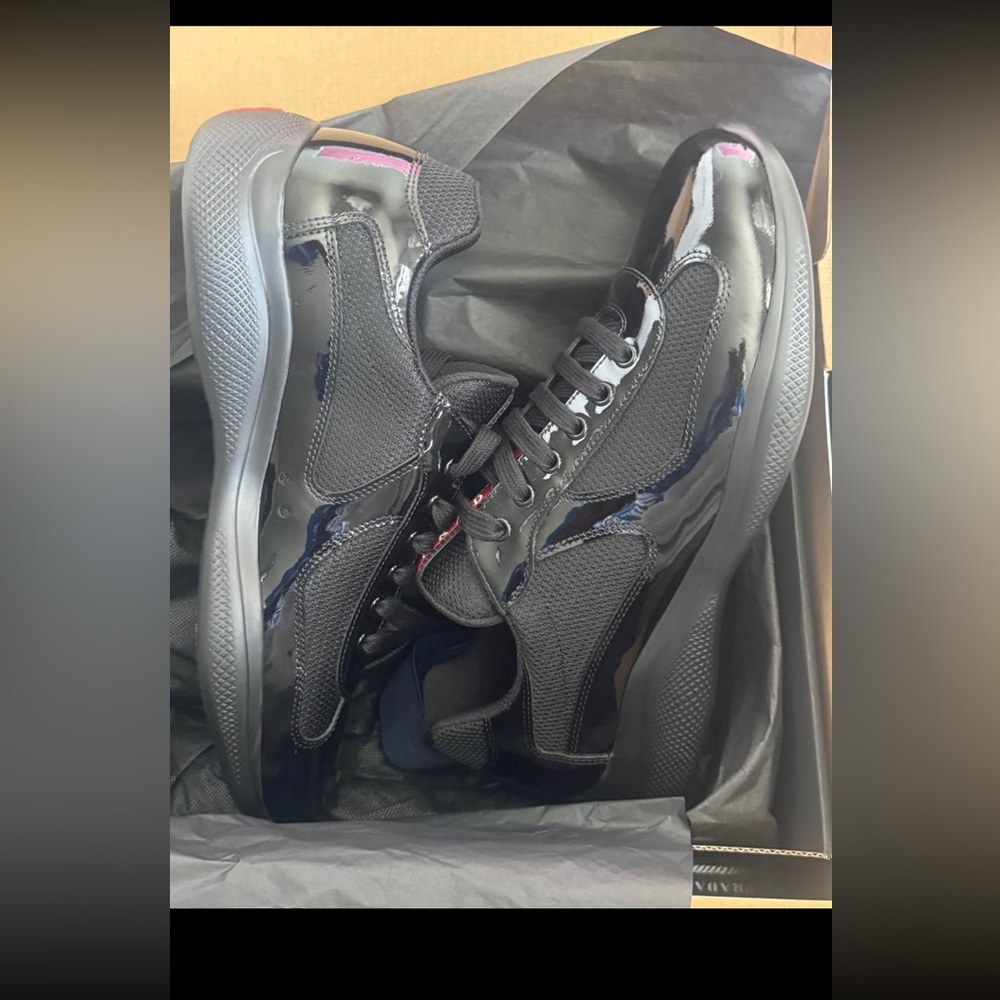 Prada Black Patent & Mesh Low-Top Sneakers with Pink Accent